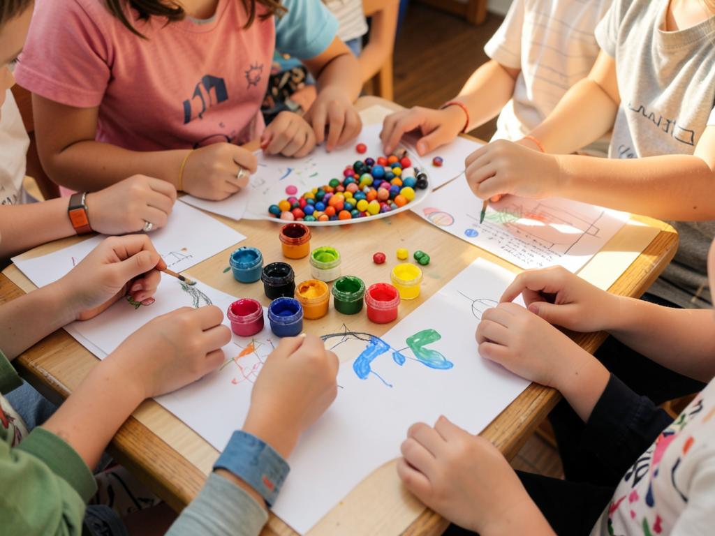 Kinder basteln und malen gemeinsam an einem Tisch