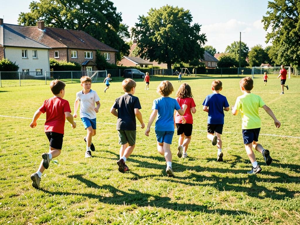 Kinder laufen bei einem Gemeinschaftsspiel über eine Wiese